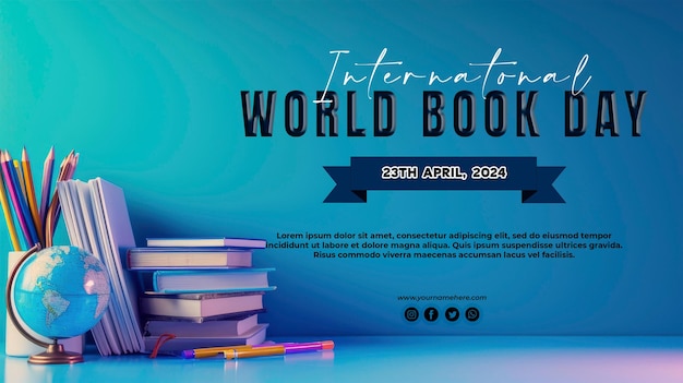 gradient blue abstract background with stack of books with world book day concept