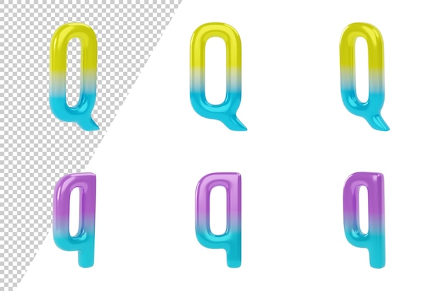 Gradient Letter Q on white background. Uppercase and lowercase. 3d render illustration