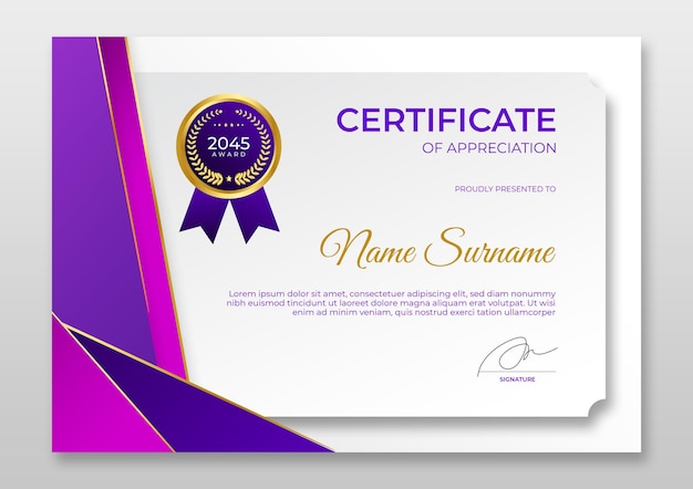 Gradient modern certificate template Luxury gold purple certificate of achievement template