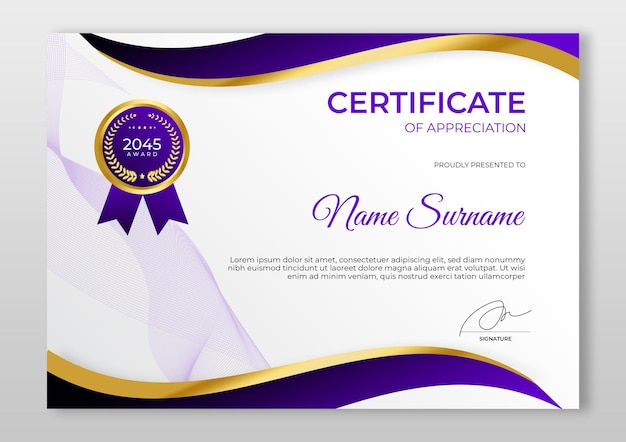 Gradient modern certificate template Luxury purple gold certificate of achievement template