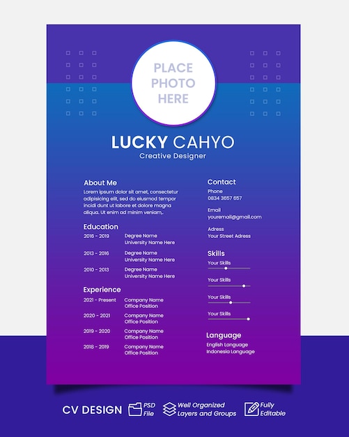 gradient purple blue cv template design editable text