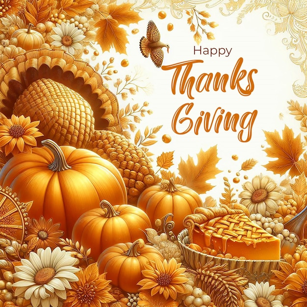 Gradient thanksgiving background with pumpkin and leaves Happy Thanksgiving Day