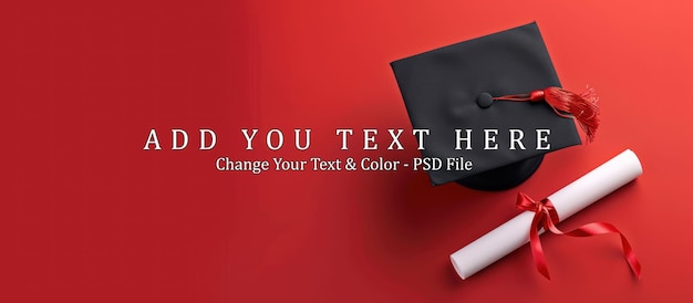 PSD graduation cap and diploma on red background