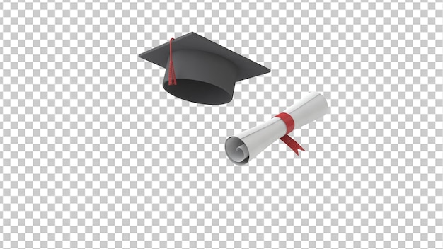 Graduation cap and diploma on a transparent background 3d render