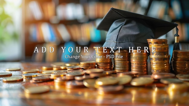 PSD graduation cap on a pile of coins education costs