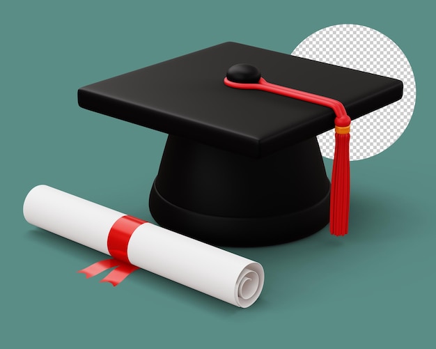 PSD graduation cap with diploma 3d rendering