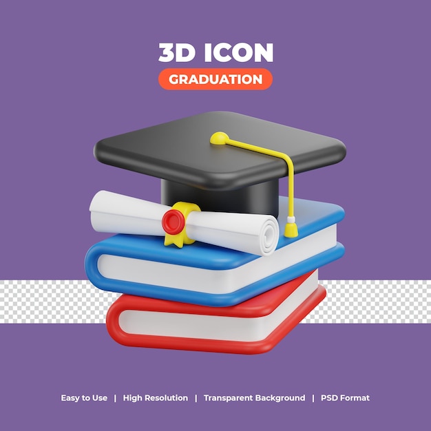 Graduation hat with book and certificate with 3d render icon illustration