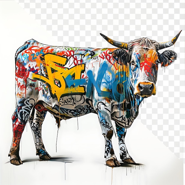 Graffiti painted cow in urban setting