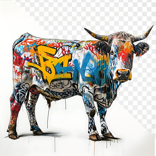 PSD graffiti painted cow in urban setting