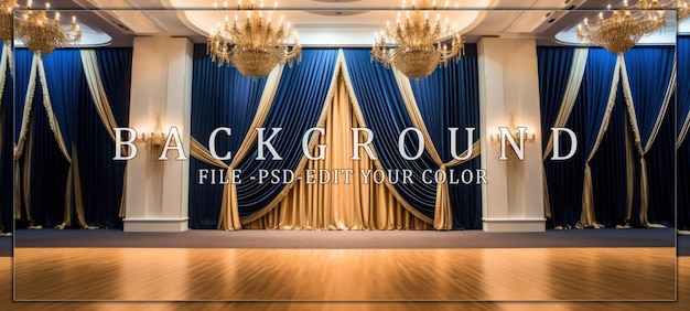 PSD grand ballroom stage with blue and gold drapes