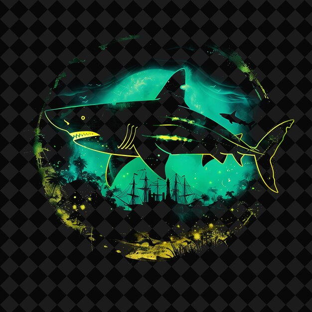 PSD grand neon namors atlantis inside a silhouette of a shark th png y2k ocean of light collections