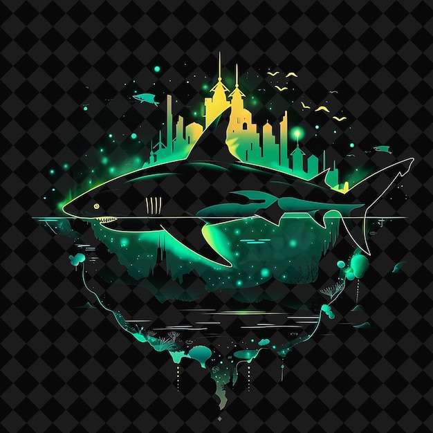 PSD grand neon namors atlantis inside a silhouette of a shark th png y2k ocean of light collections