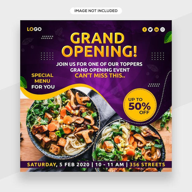 Grand opening restaurant banner or social media promotion and Instagram banner post cover