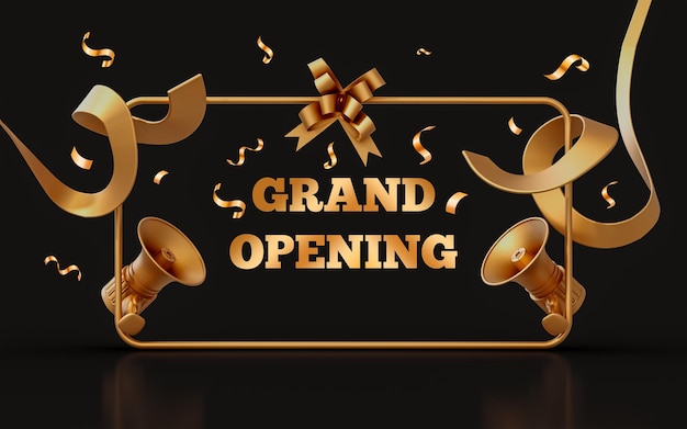 grand opening sign in retro golden effect banner 3d render concept for starting restaurant market