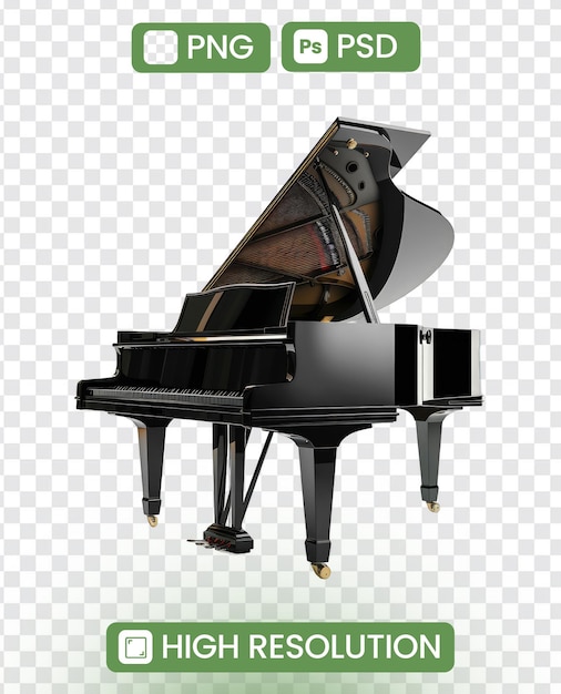 A grand piano with a black and white color scheme