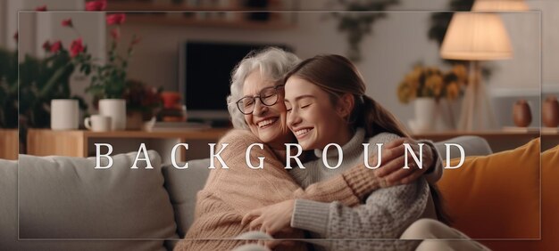 PSD grandmother and granddaughter embrace in warm home