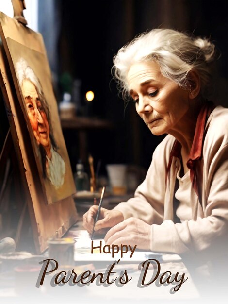 PSD grandparents day poster old man painter drawing of an old woman