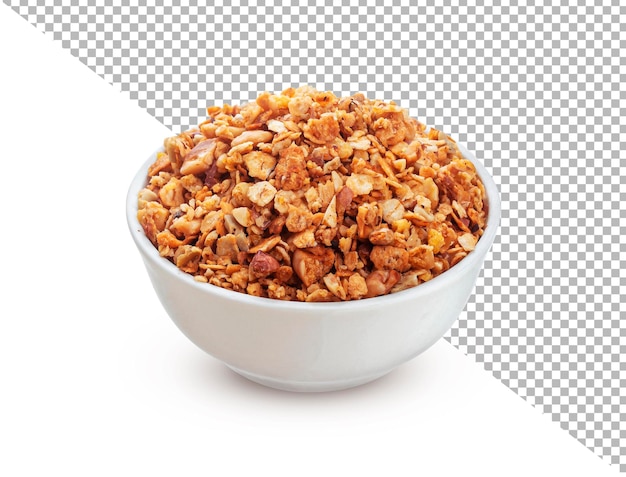 Granola bowl of crunchy muesli isolated