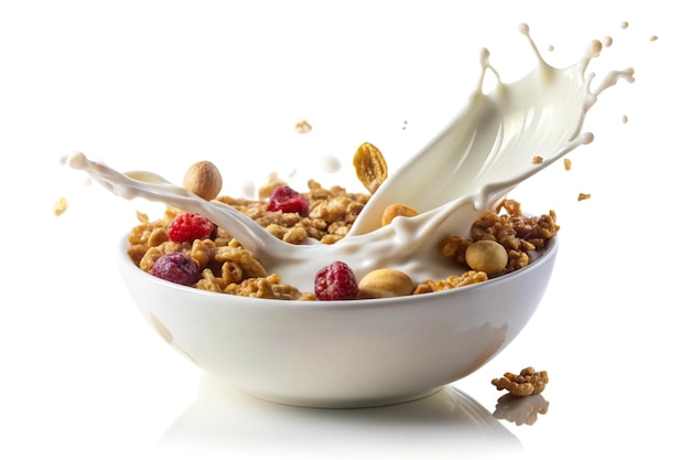 Granola with horizontal milk splash isolated on white background