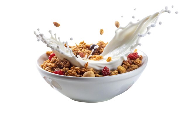 PSD granola with horizontal milk splash isolated on white background