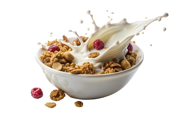 Granola with horizontal milk splash isolated on white background