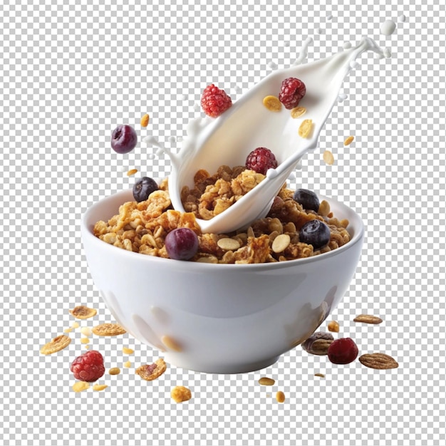 PSD granola with milk splash transparent background