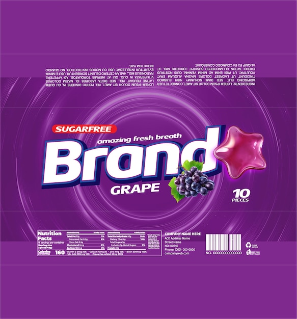 PSD grape flavor gumcandy packaging design with a modern aesthetic