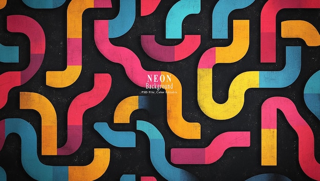 PSD graphic design featuring an intricate maze pattern in neon rainbow colors on black suitable