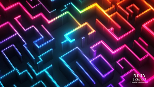 PSD graphic design featuring an intricate maze pattern in neon rainbow colors on black suitable