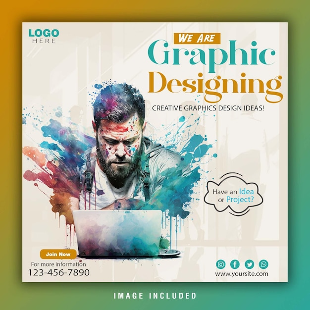 Graphic designing agency social media poster template watercolor painting pattern design