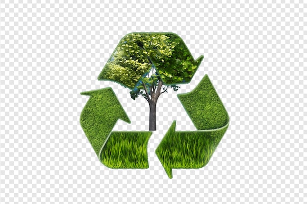 PSD grass recycling symbol with tree and water isolated on a transparent background