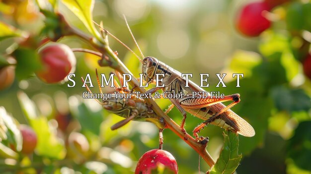 PSD grasshoppers on a branch