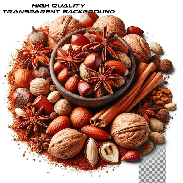 grated chocolate nuts and cinnamon isolated on transparent background