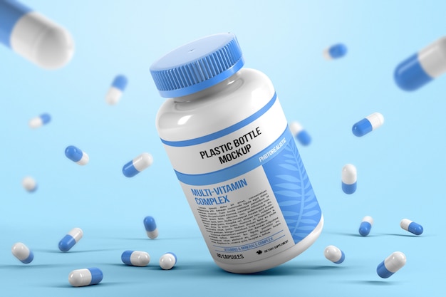 Gravity bottle with falling pills mockup