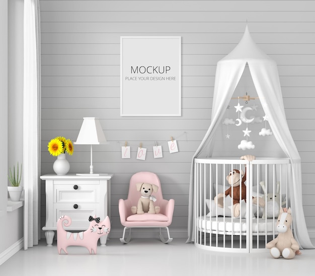 Gray child bedroom interior with frame mockup