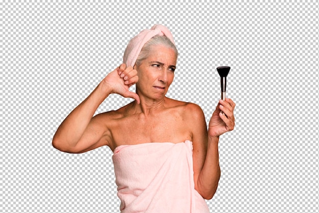 Gray hair senior pretty woman wearing bathrobe beauty and make up concept