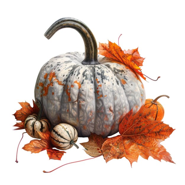 A Gray Pumpkin with Autumn Leaves and Gourds