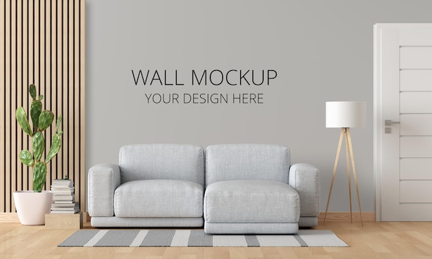 Gray sofa in white living room interior with wall mockup