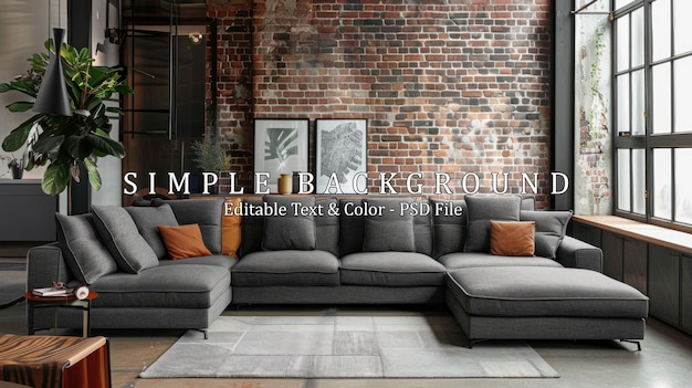 PSD gray stylish modular sofa brick and marble background in a rustic living room