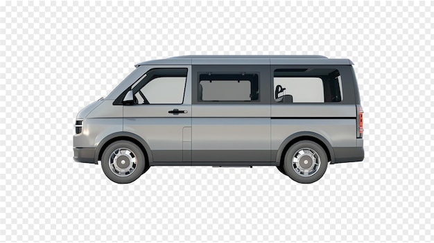 a gray van with a black door is parked on a white background