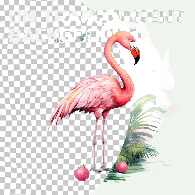 Greater flamingo beside two apples on transparent background