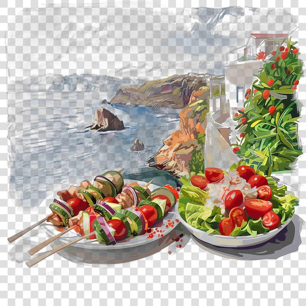 PSD greek food concept with farmers salad and souvlaki skewers in front of the beautiful view of blue ae