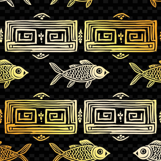 Greek Key Pattern With Kind of Fish Icon and Continuous Line Nature Inspired Abstract Outline Art