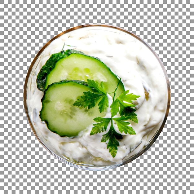 Greek sauce with cucumber slices isolated on transparent background