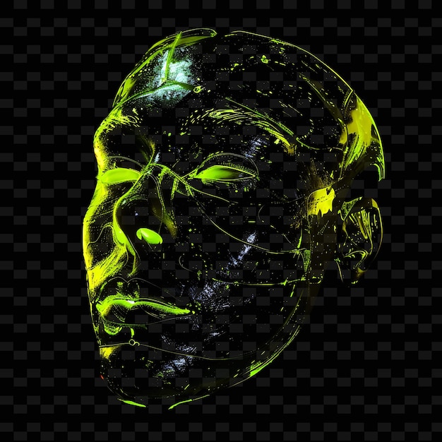 a green alien face with yellow and green lights