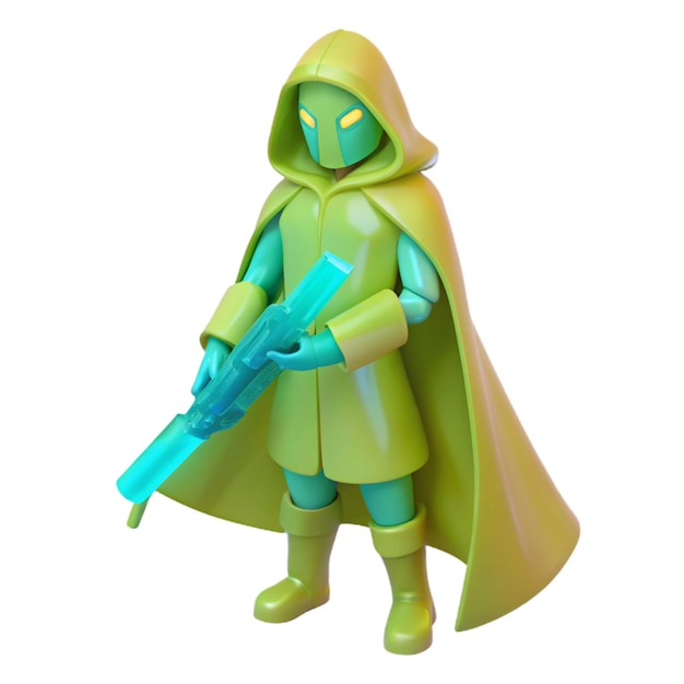 a green alien figure with a blue cape and a blue gun