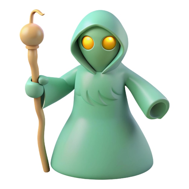 a green alien figurine with a blue hood and yellow eyes