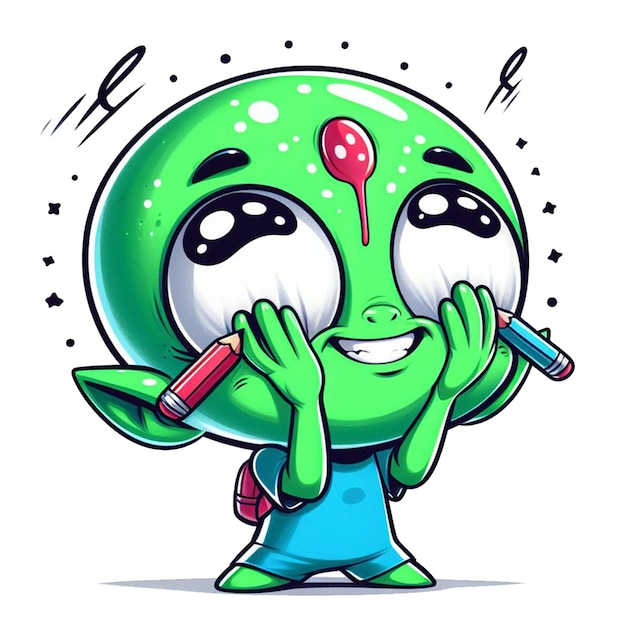 PSD a green alien with a green alien face holding a pen in his hand