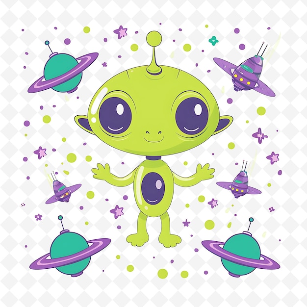 a green alien with purple planets and stars on the top