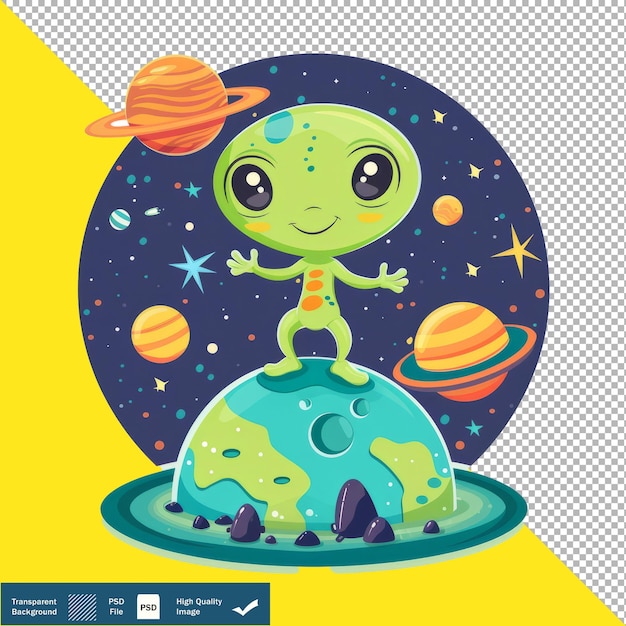 PSD a green alien with a space ship on his head is shown with planets on a yellow background